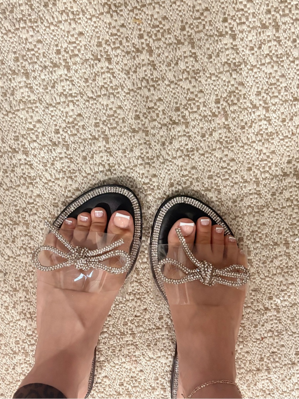 Rhinestone Bow Clear Strap Slide Sandals - Black